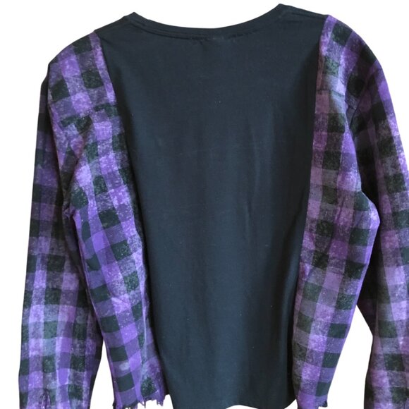 Upcycled Aloha Shirt, Size S-M: Purple Plaid & Hawaii Graphic Long-Sleeved Tee - Picture 9 of 10